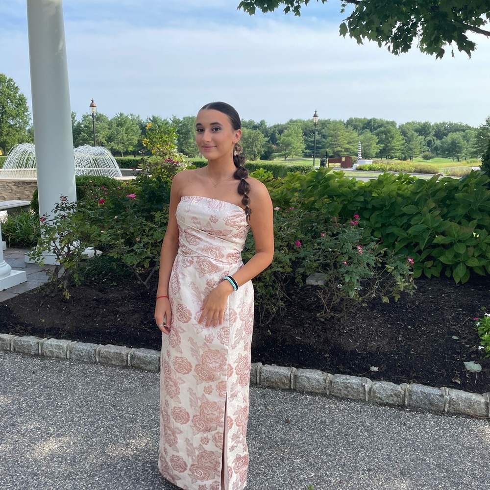 Pink Floral Jacquard strapless maxi Dress.
